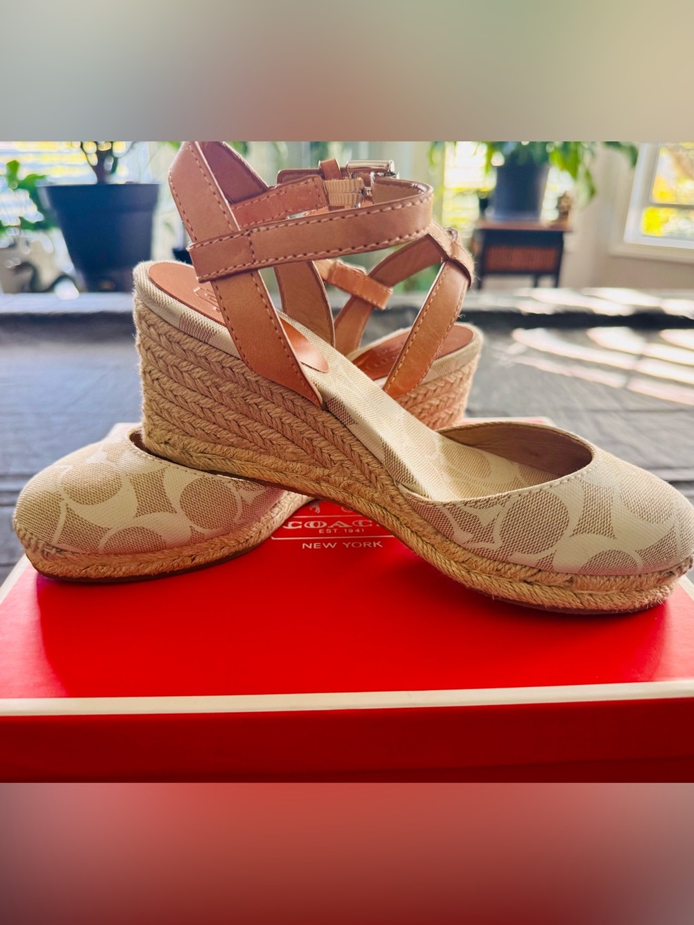 COACH Tan Signature Canvas Espadrille Wedge Sandals